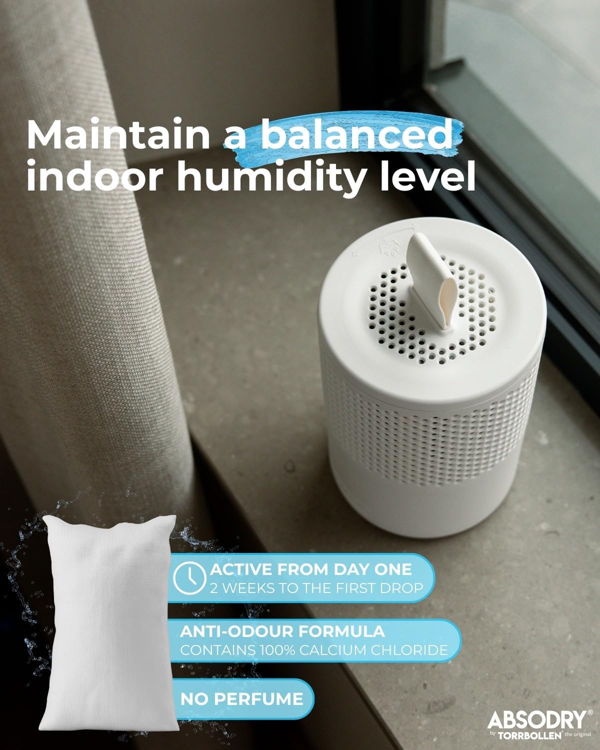Closet dehumidifier - Absodry by Torrbollen Moisture Absorber 1.3lb Bag — Dehumidifier for Bedroom, humidity absorber, Air Freshener and Purifier for Home Up to 90 Days, 269 ft² (White)