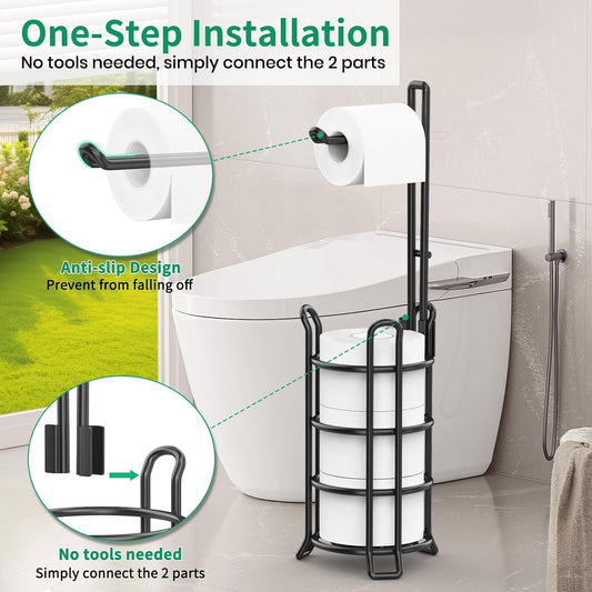 TomCare Toilet Paper Holder Free Standing with Shelf, Stable 4 Raised Feet | Stores 4 Mega Rolls, Tool-Free Assembly, Powder-Coated Metal Frame, Bathroom Storage Organizer for Spare Rolls, Silver