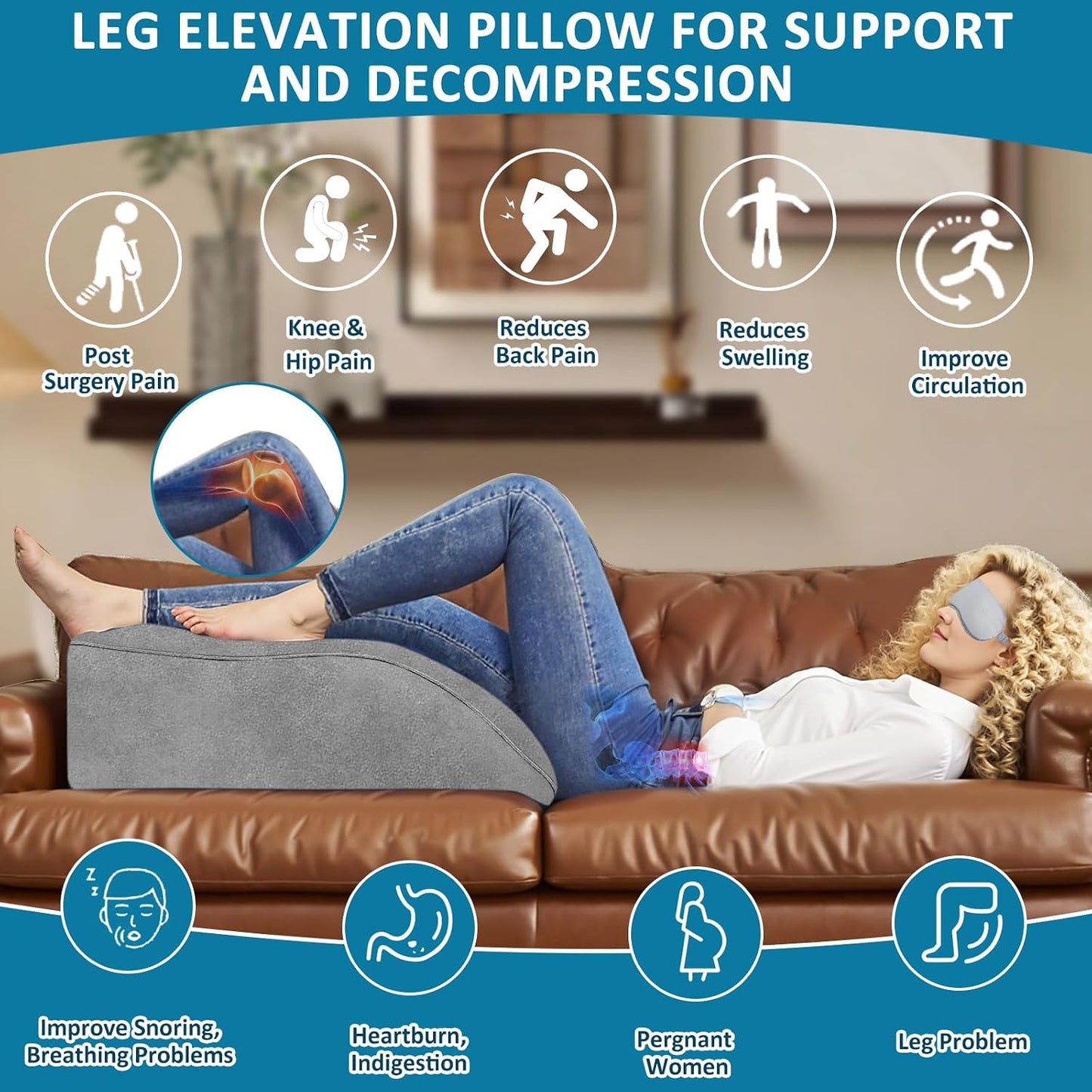 Portable Inflatable Wedge Leg Elevation Pillow - Foldable 45 Degree Wedge Leg Bolster Pillow Use in Bed, Adjustable Incline for Sleeping,Travel,Back Support,Reduce Swelling, Improve Circulation (Grey)