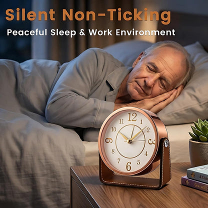 Analog Alarm Clock - 4.5" Silent Non Ticking Small Clock with Light, Rotatable Stand Metal Desk Clock Battery Operated, Simple Design for Living Room Decor/ Bedroom/Bedside/Shelf (Black & White)