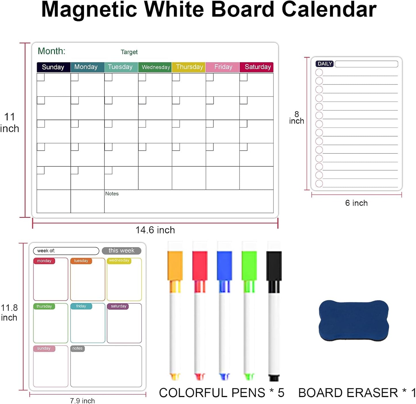 Magnetic White Board Calendar Dry Erase for Fridge | 14.6" x 11" Reusable Refrigerator Calendar for Fridge & Wall, Easy to Clean, Schedule Organizer, with 5 Markers and Eraser