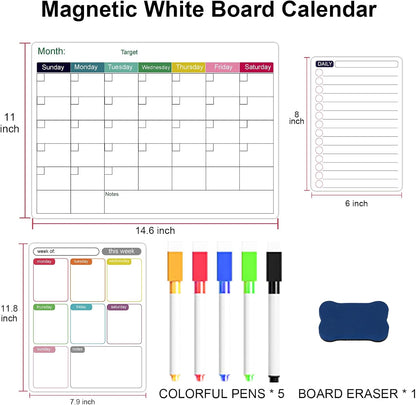 Magnetic White Board Calendar Dry Erase for Fridge | 14.6" x 11" Reusable Refrigerator Calendar for Fridge & Wall, Easy to Clean, Schedule Organizer, with 5 Markers and Eraser