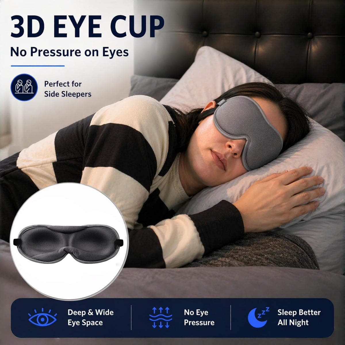 Ultra-Thin 3D Sleep Mask for Side Sleepers Women Men, Contoured Eye Mask for Lash Extensions, Light Blocking, Soft Breathable Lightweight Eye Mask for Sleep, Travel, Meditation,Airplane (Black)