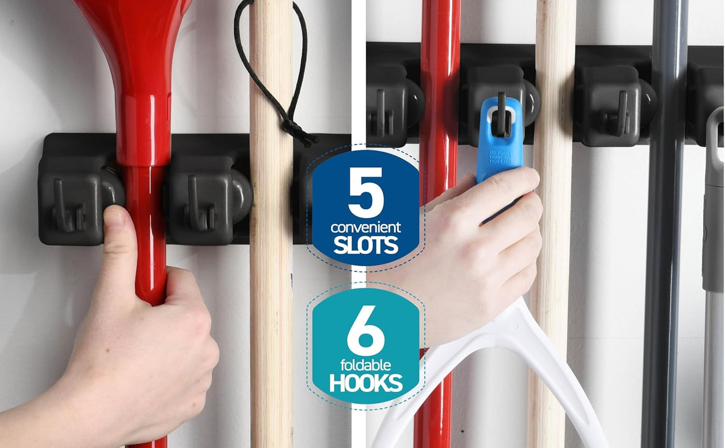 HOME IT Broom and Mop Holder Wall Mount – Heavy Duty Garage Organizer with 5 Slots & 6 Hooks, 7.5lbs Capacity Per Slot - Easy Install Storage Rack for Home, Kitchen, Laundry Room & Garden - Off-White
