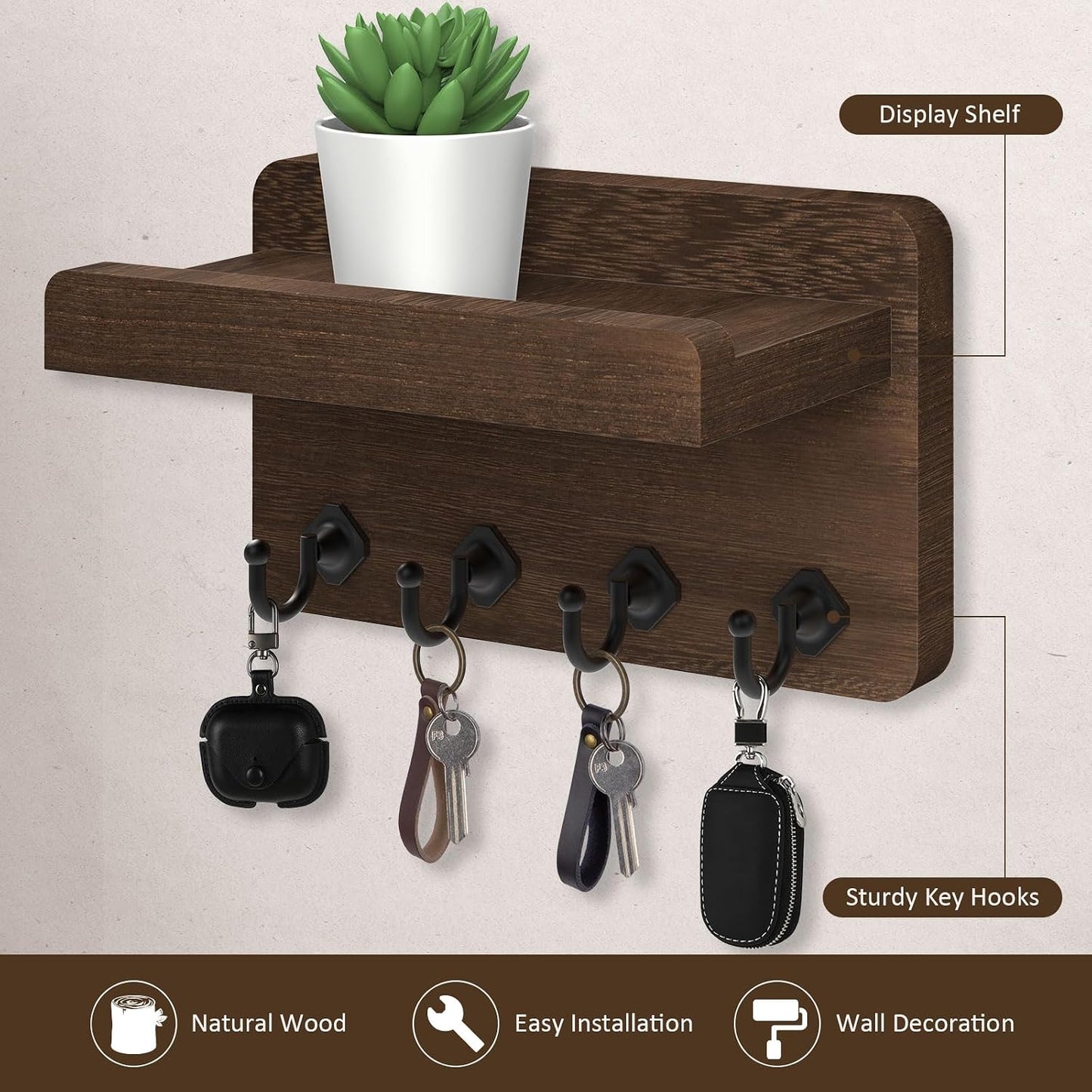 Nekon Key Holder Wall Mount, 8.5 Inch Small Wooden Wall Organizer, Black | Rustic Wall Shelf, Farmhouse Key and Mail Holder for Living Room Entryway Kitchen