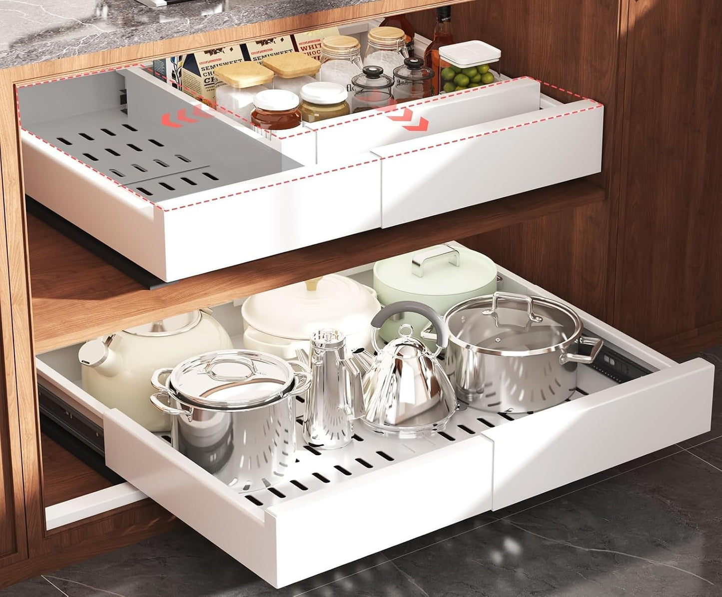 Seinloes Pull Out Cabinet Organizer,4-Side Expandable to Maximize Cabinet Space,Slide Out Drawers with 3 Rail Design,Roll Out Shelf with Raising Pad for Framed Cabinet,13"-21"W x 17"-24"D,White,2 Pack