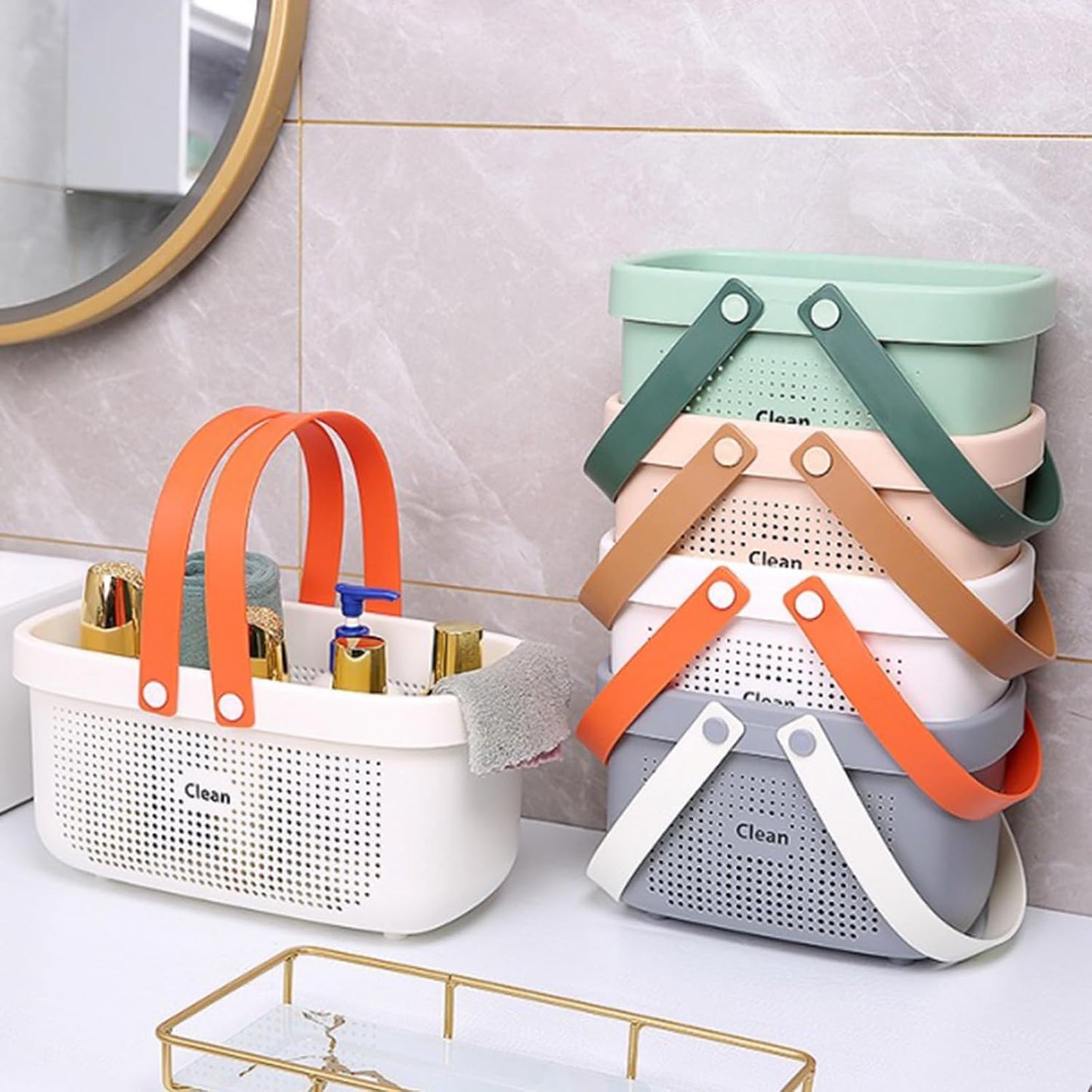 JiatuA Plastic Storage Basket with Handle Portable Shower Caddy Tote Organizer Basket Bin for Bathroom Kitchen Dorm Room Bedroom, Green | Sturdy Drainage Large Capacity Organizer Basket with Silicone Handles for Bathroom Kitchen Bedroom College Dorm