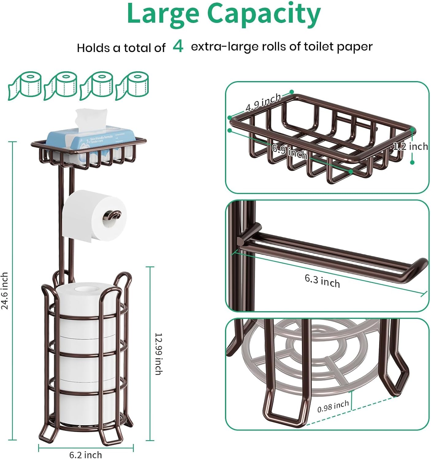 TomCare Toilet Paper Holder Free Standing with Shelf, Stable 4 Raised Feet | Stores 4 Mega Rolls, Tool-Free Assembly, Powder-Coated Metal Frame, Bathroom Storage Organizer for Spare Rolls, Silver