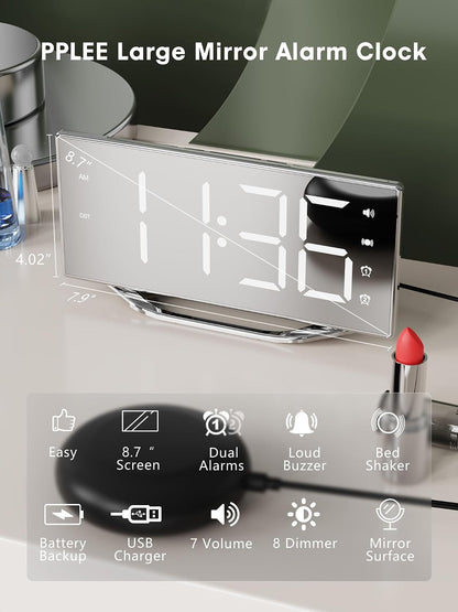 Extra Loud Vibrating Alarm Clock with Bed Shaker for Deep Sleepers Adult Hearing impaired Deaf, Dual Alarms Digital Clock for Bedroom,8.7'' Large Mirror LED Display,USB Charger,Battery Backup,Dimmable