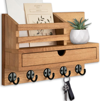 Key Holder Wall Mount, Mail Holder with Storage Drawer | Key and Mail Holder with 5 Key Hooks for Coat, Dog Leash, Home Decor Rack, House Accessories, Entry Way Organizer
