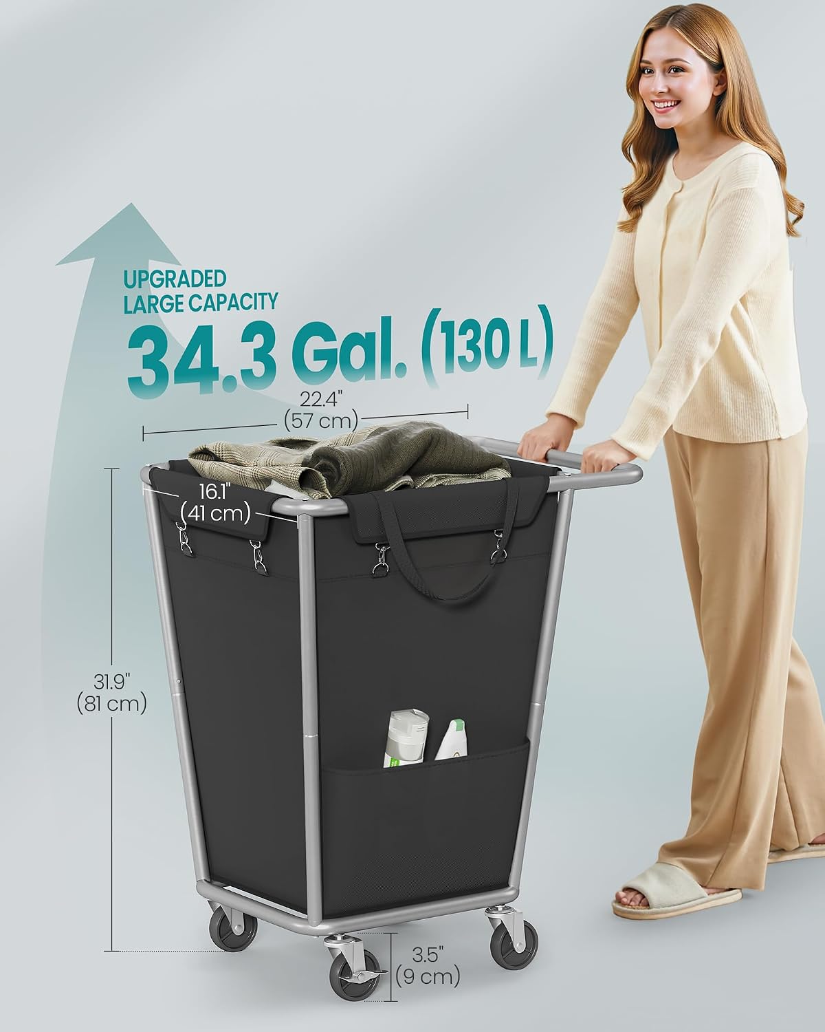 SONGMICS Laundry Basket with Wheels, 3-Section Laundry Sorter, 76.6 Gallons (290 L) Rolling Hamper with Removable Bags, Heavy-Duty Steel Frame, Cream White, Dark Gray and Ink Black URLS010X01