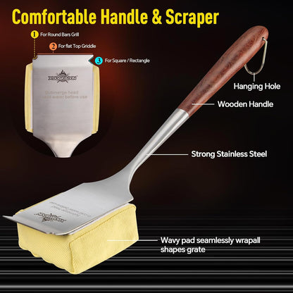 Bristle-Free Steam Cleaning Grill Brush Kit – Luxurious Long Rosewood Handle, Includes 1 Replacement Head – Safe BBQ Grill Cleaning for Outdoor Grill – Great Gift for Men/Dad