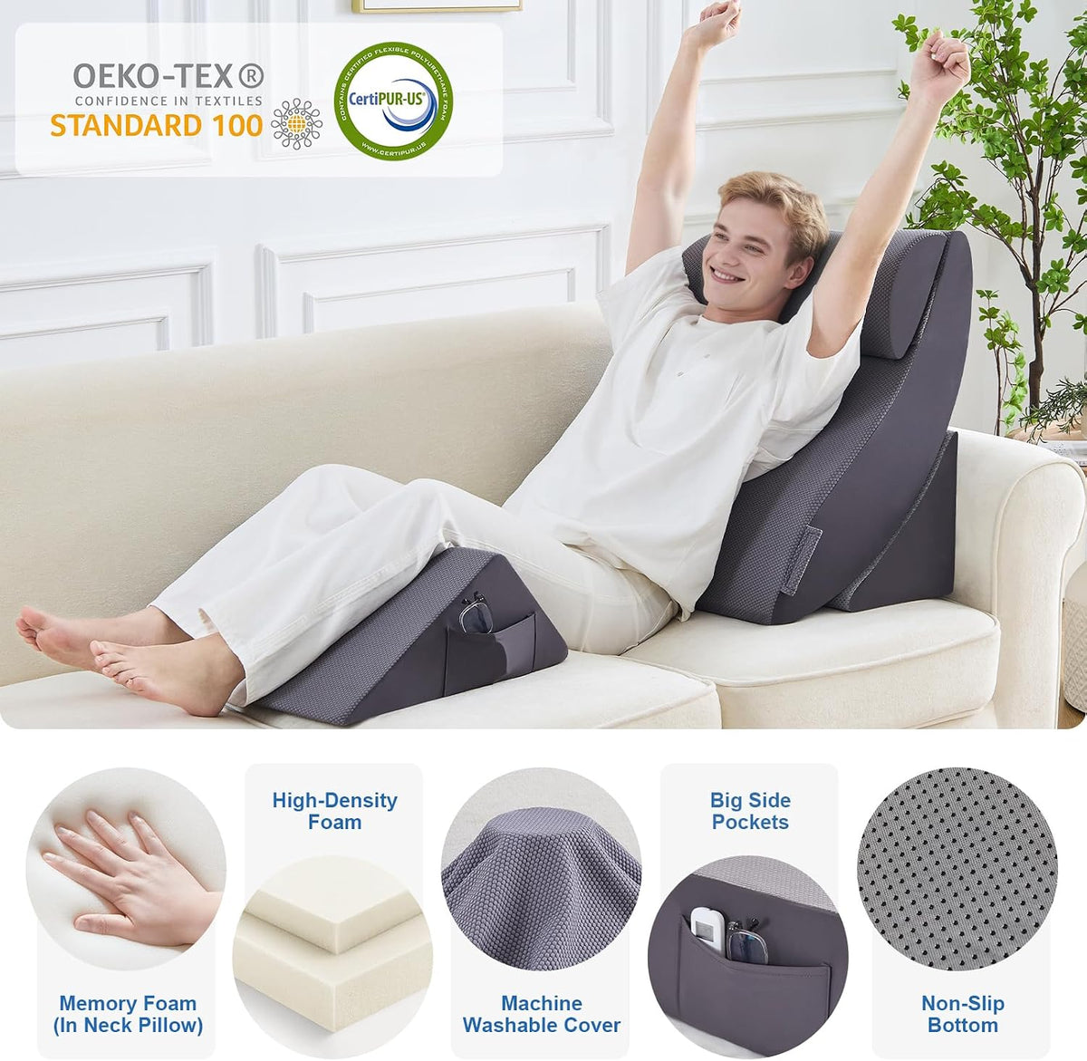 Bed Wedge Pillow Set for After Surgery, Orthopedic Wedge Pillows for Sleeping, Back, Neck and Leg Pain Relief, Adjustable Memory Foam Support Pillows for Acid Reflux, GERD & Snoring, Grey