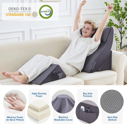 Bed Wedge Pillow Set for After Surgery, Orthopedic Wedge Pillows for Sleeping, Back, Neck and Leg Pain Relief, Adjustable Memory Foam Support Pillows for Acid Reflux, GERD & Snoring, Grey