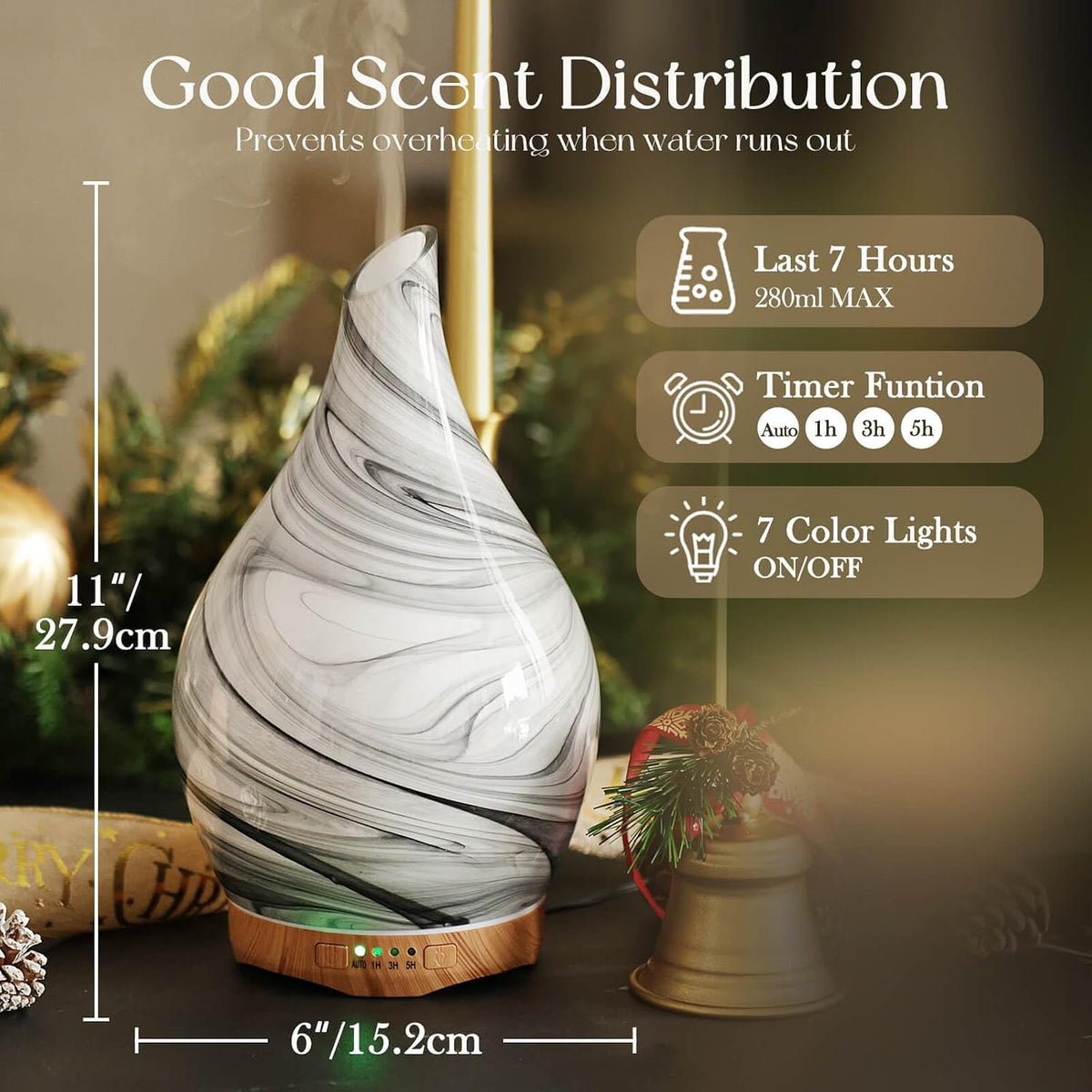 Porseme Essential Oil Diffuser 280ml Handmade Glass Diffuser 7H Runtime | Elegant Handmade Glass Aroma Diffuser with 7-color LEDs, Quiet Aromatherapy and Safe Auto Shut-off, Perfect for Gifts
