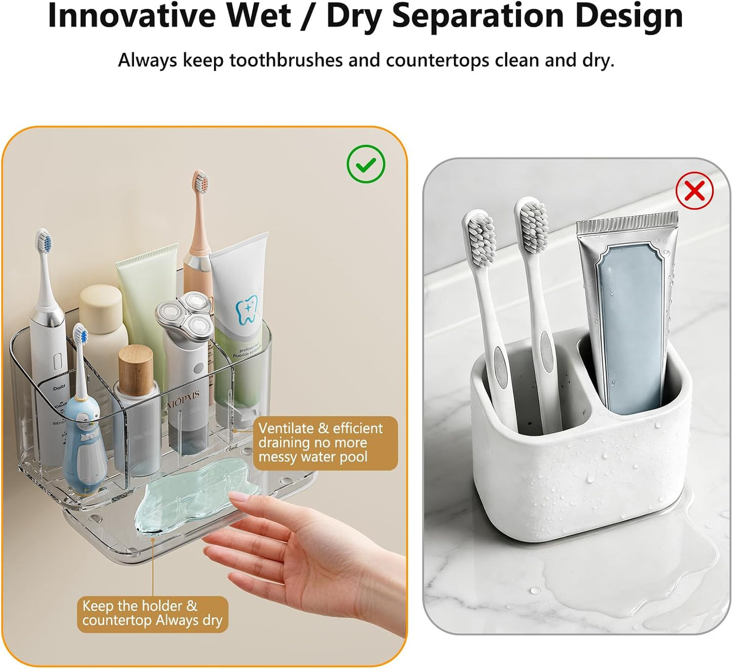 MOPMS Toothbrush Holders for Bathrooms with 5 Slots Adjustable Dividers | Electric Tooth Brush and Toothpaste Holder with Drain Tray for Easy Clean, Wall Mounted & Countertop Organizer for Shower