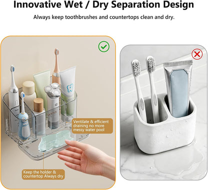 MOPMS Toothbrush Holders for Bathrooms with 5 Slots Adjustable Dividers | Electric Tooth Brush and Toothpaste Holder with Drain Tray for Easy Clean, Wall Mounted & Countertop Organizer for Shower