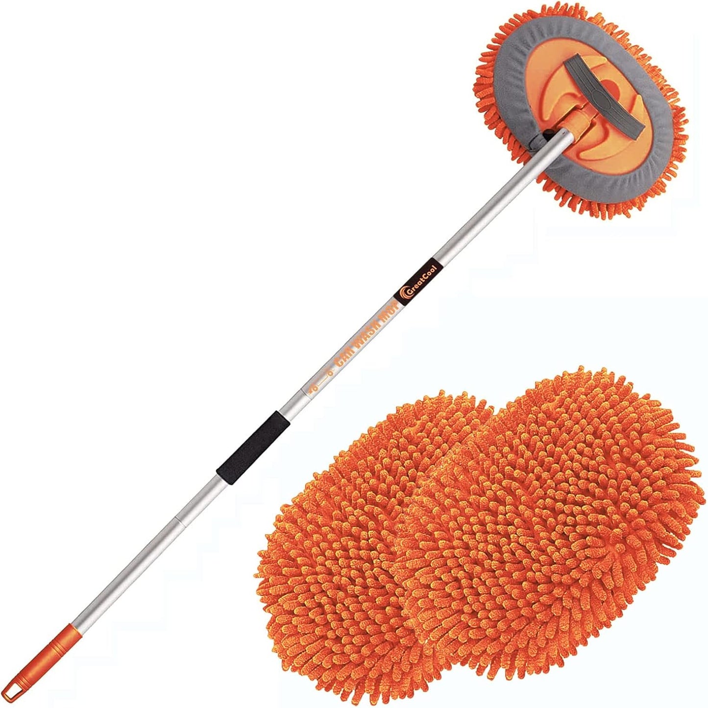 62" Car Wash Brush Mop Kit with Long Handle, 2 in 1 Chenille Microfiber Sponge Mitt Cleaning Detailing Duster for Washing Cars Truck SUV RV Caravans and Household(2 x Mop Head) (Blue)