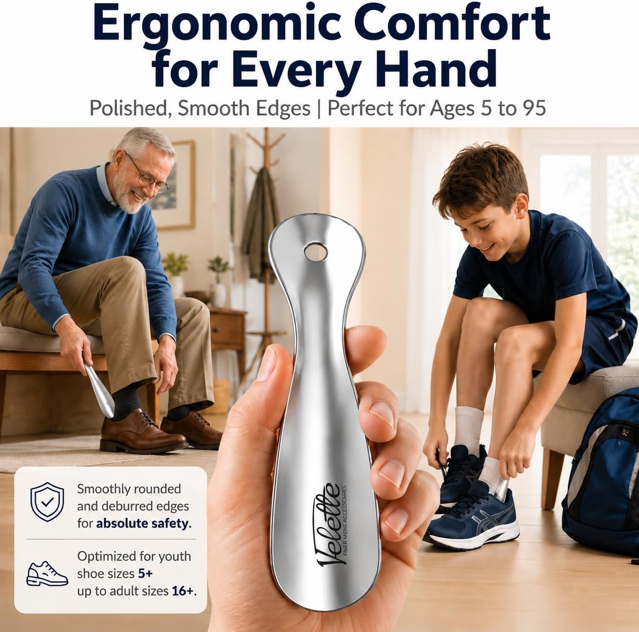 Metal Shoe Horn Long Handle for Seniors - Stainless Steel 2 Pack | 16.5 in + 7.5 in Travel Size, Shoehorn Fits Boots Sneakers Dress, Men Women Kids Elderly, Calzador de Zapatos, Helper Tool