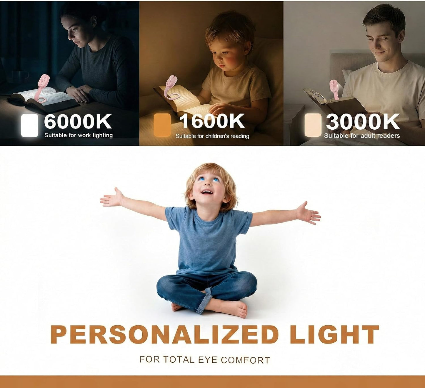 Rechargeable Kids Book Light, Cute Bookmark Reading Light for Kids, Dimmable Portable LED Book Light for Reading in Bed, Eye-Caring Bedtime Reading Lamp for Children & Travel, Brown