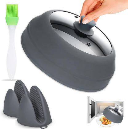Microwave Splatter Cover Glass for Food - Large 10.8" Tempered Glass & Silicone Lid, Heat Resistant, Splatter Guard with Easy-Grip Handle