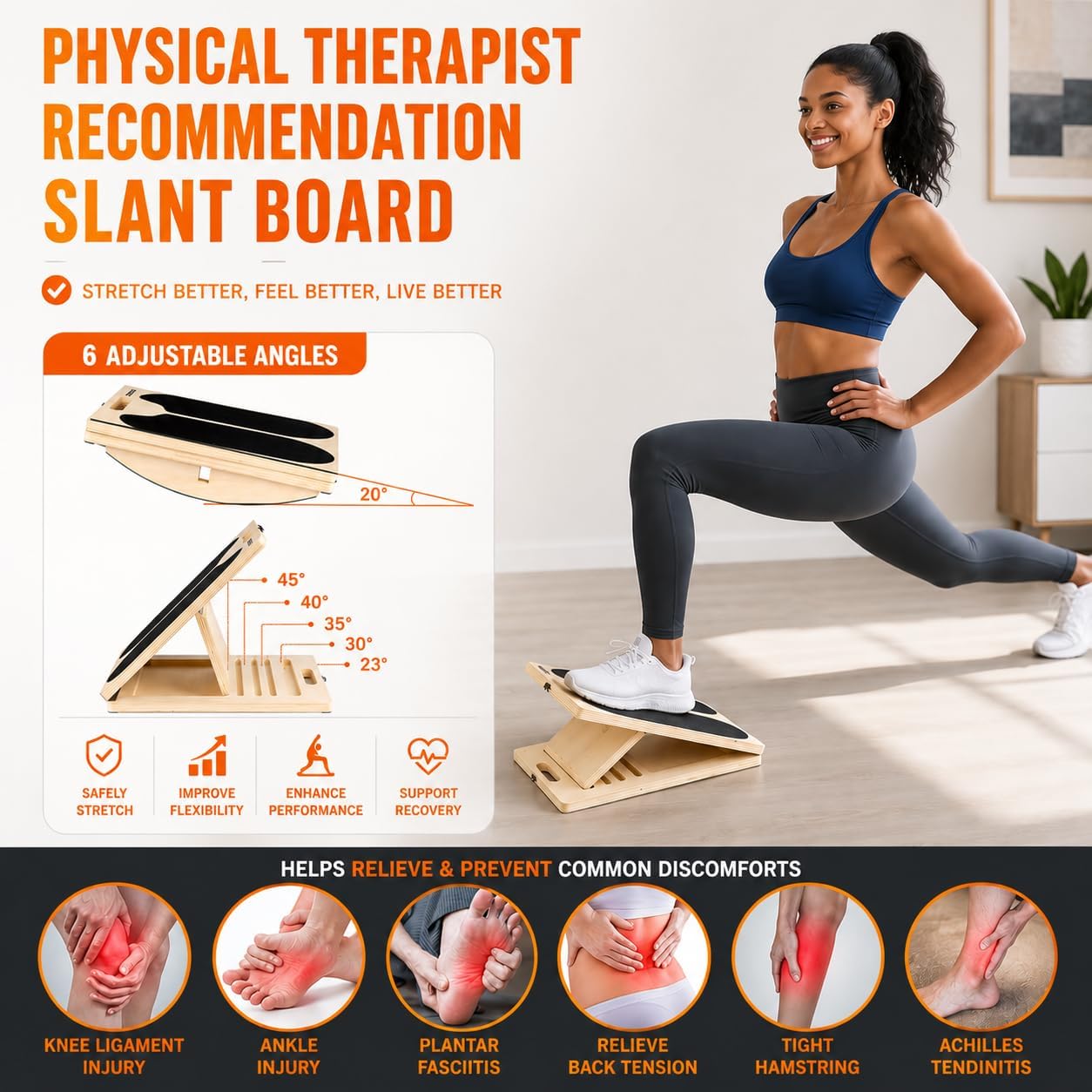 3 in 1 Adjustable Wooden Slant Board for Stretching & Physical Therapy, Anti-Slip 5 Angle Portable Calf & Achilles Tendon Stretching Board, 400 lbs Capacity, Improve Flexibility, Foot Pain Relief