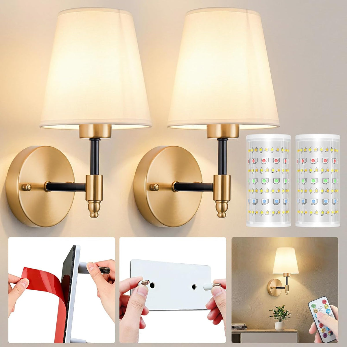 Nekhung Battery Operated Wall Sconce, Peel and Stick Sconces Set of 2
