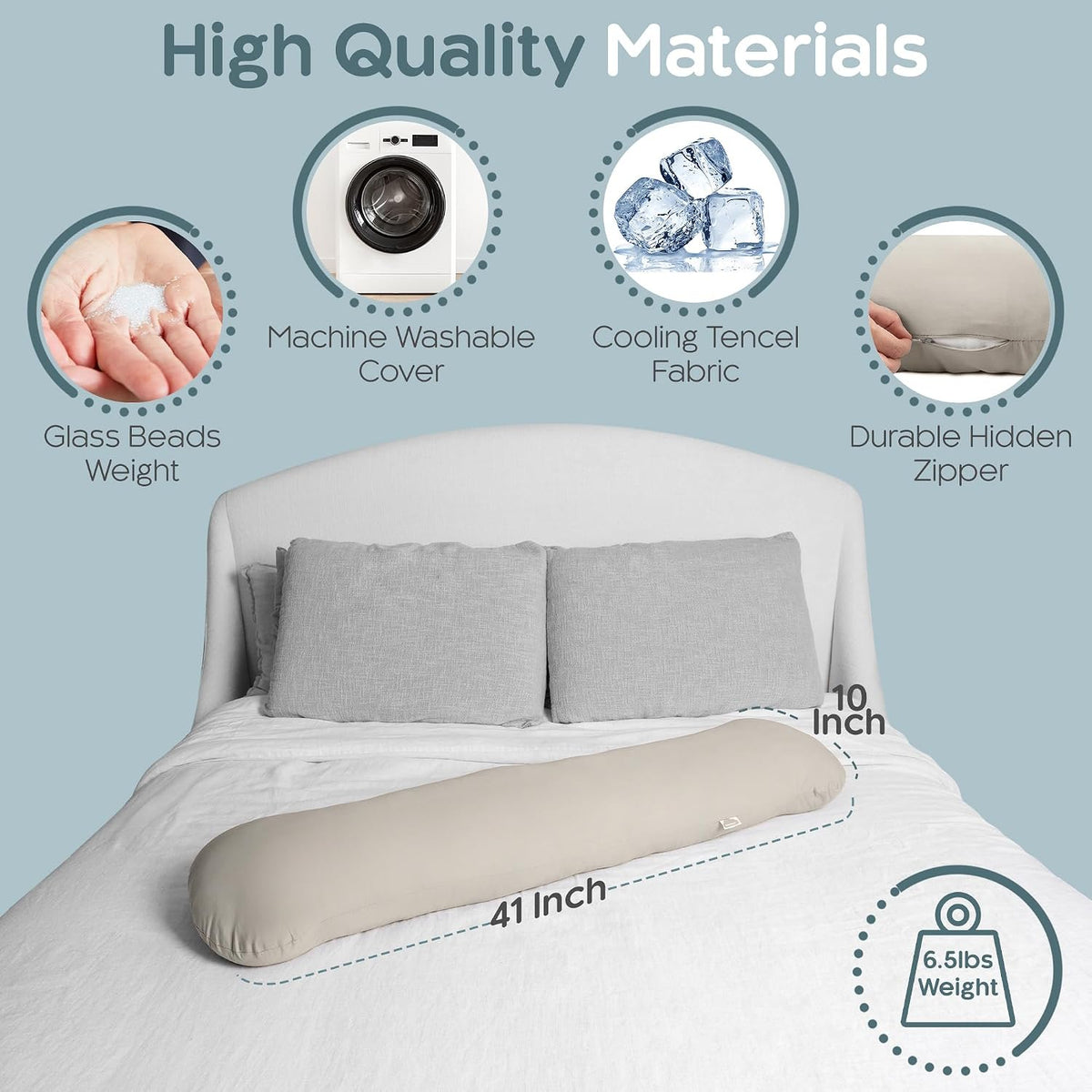 SleepCloud Weighted Body Pillow 6.5lbs, Cooling Tencel Cover, 41” x 10”