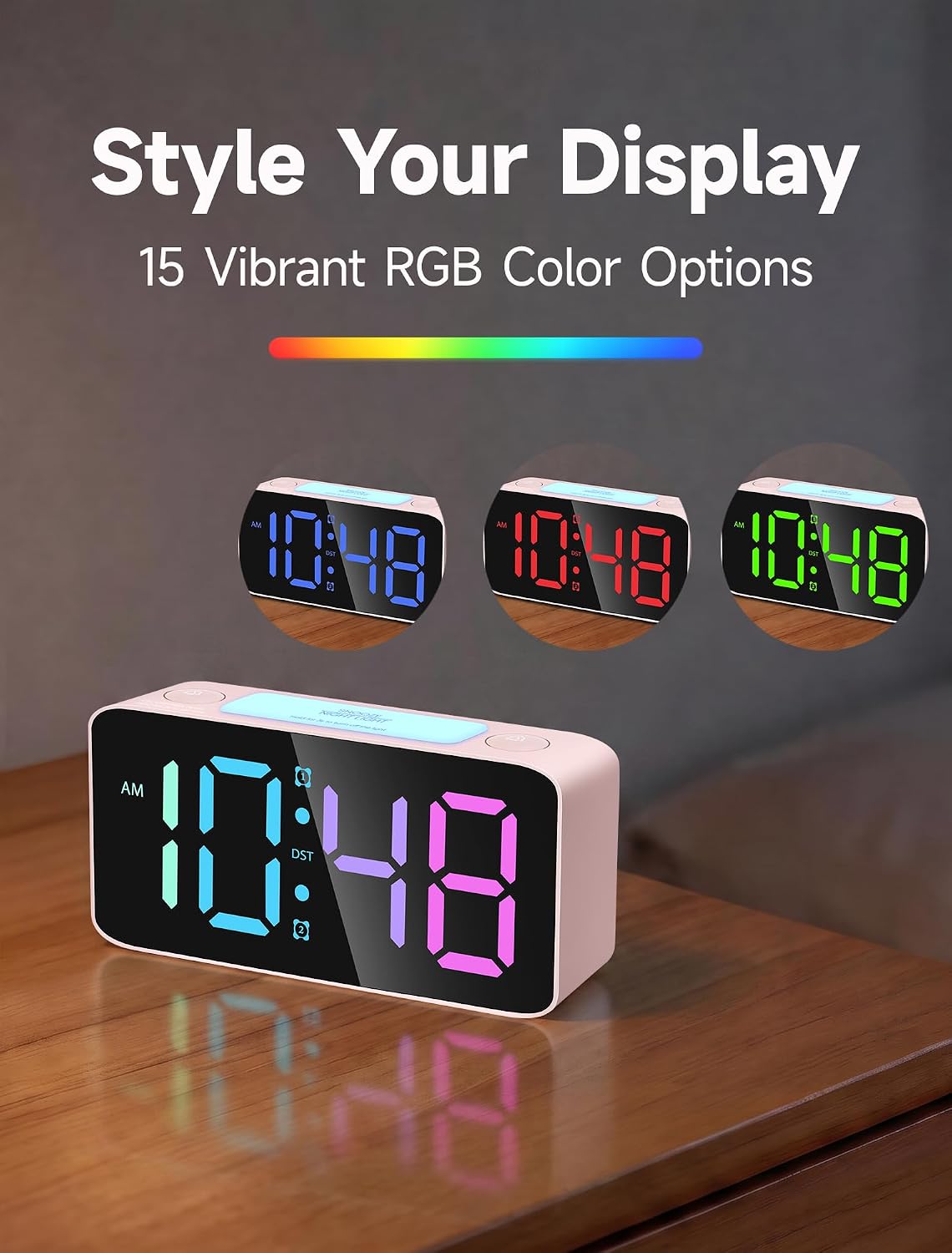 Cadmos 110dB Extra Loud Alarm Clock for Heavy Sleepers Adults, Digital Clock with 7 Color Night Light, RGB Display, Dual USB Charger, Small Clocks for Bedrooms, Kids, Teens (White+RGB)