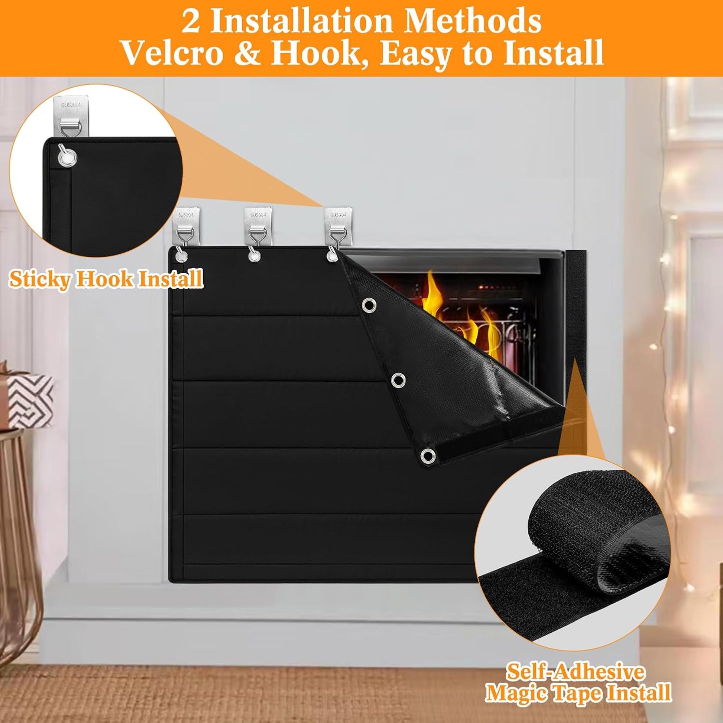 Fireplace Draft Cover - Draft Stopper Blanket with Hook & Loop Tapes, Stops Heat Loss & Cold Air, Energy-Saving Indoor Fireplace Blocker, 39"x32" Black