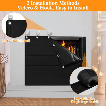Fireplace Draft Cover - Draft Stopper Blanket with Hook & Loop Tapes, Stops Heat Loss & Cold Air, Energy-Saving Indoor Fireplace Blocker, 39"x32" Black