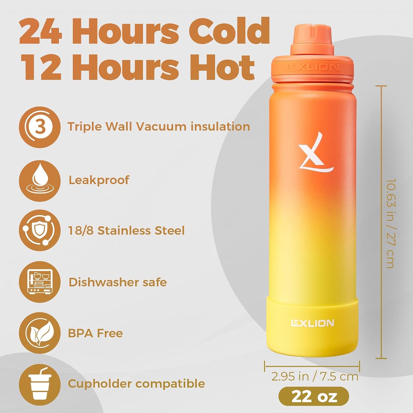 Lexlion Tea Infuser Water Bottle 22 Oz – Triple Wall Insulated Stainless Steel, Loose Leaf & Fruit Strainer, 3 Leakproof Lids, BPA-Free Silicone Sleeve, Reusable Thermal Mug