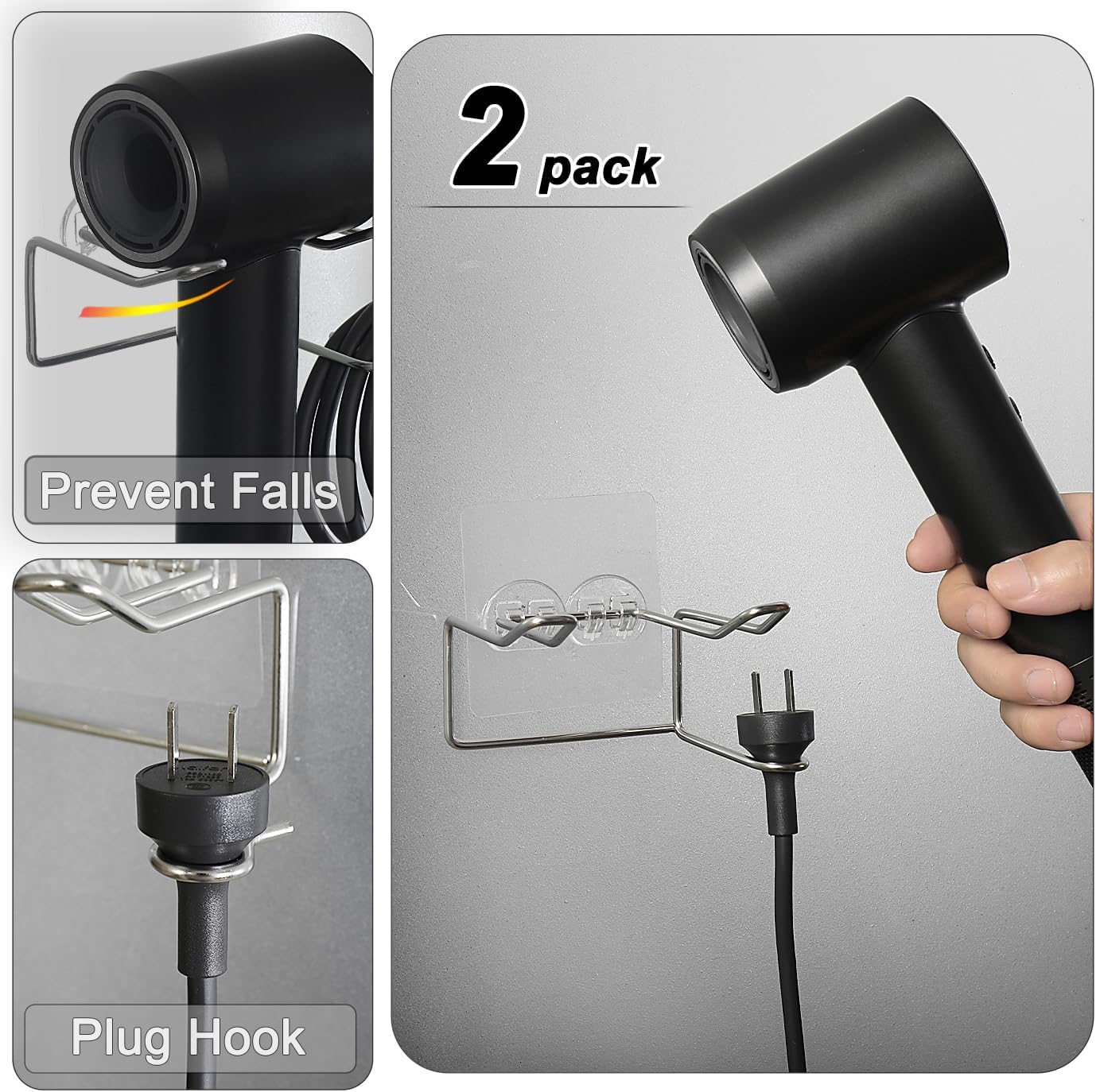 2 Pack Hair Dryer Holder, Wall Mount Self Adhesive Waterproof Blow Dryer Rack Storage Organizer Hanger, Compatible with Dyson and Most Hair Blower Appliance, Brush, Curling Iron, Straightener