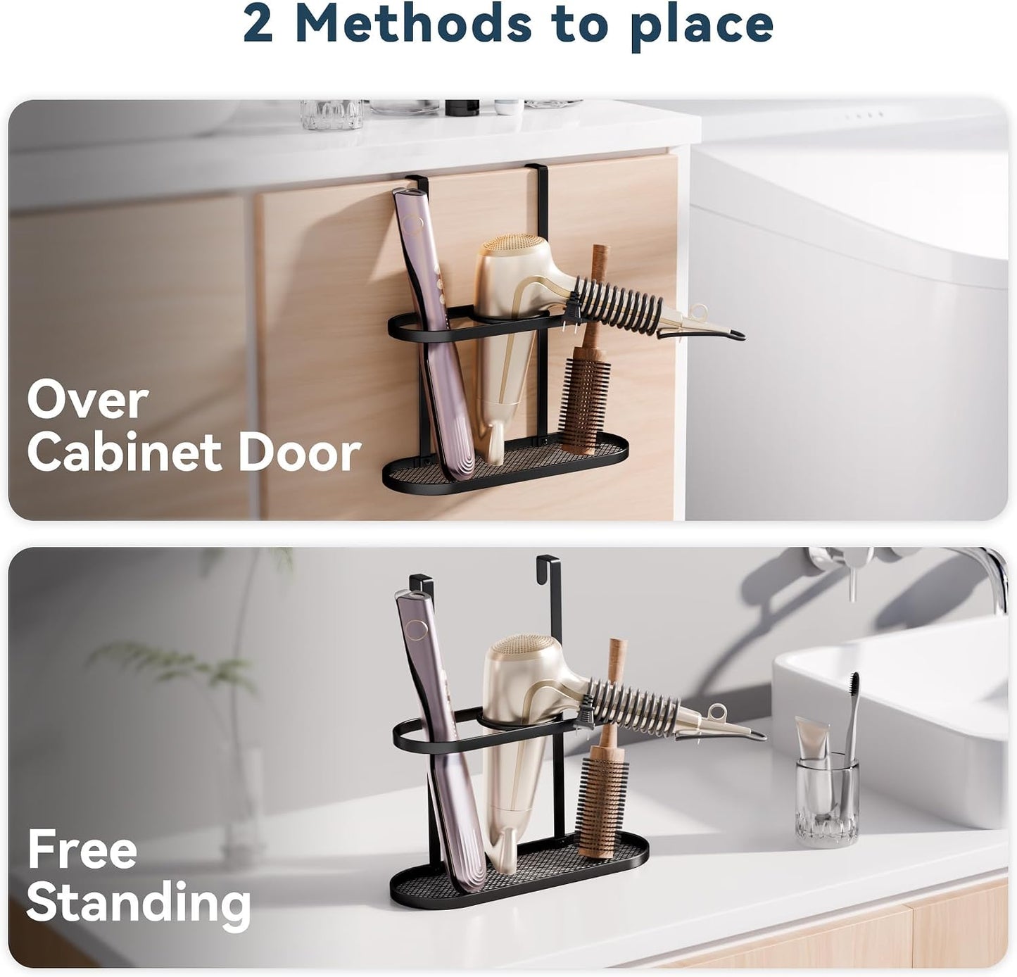 3-in-1 Hair Tool Organizer Holder for Dryer, Straightener & Curling Iron - Multi-Placement Design Mounts on Cabinet Door&Tabletop (Black Elliptic Frame)