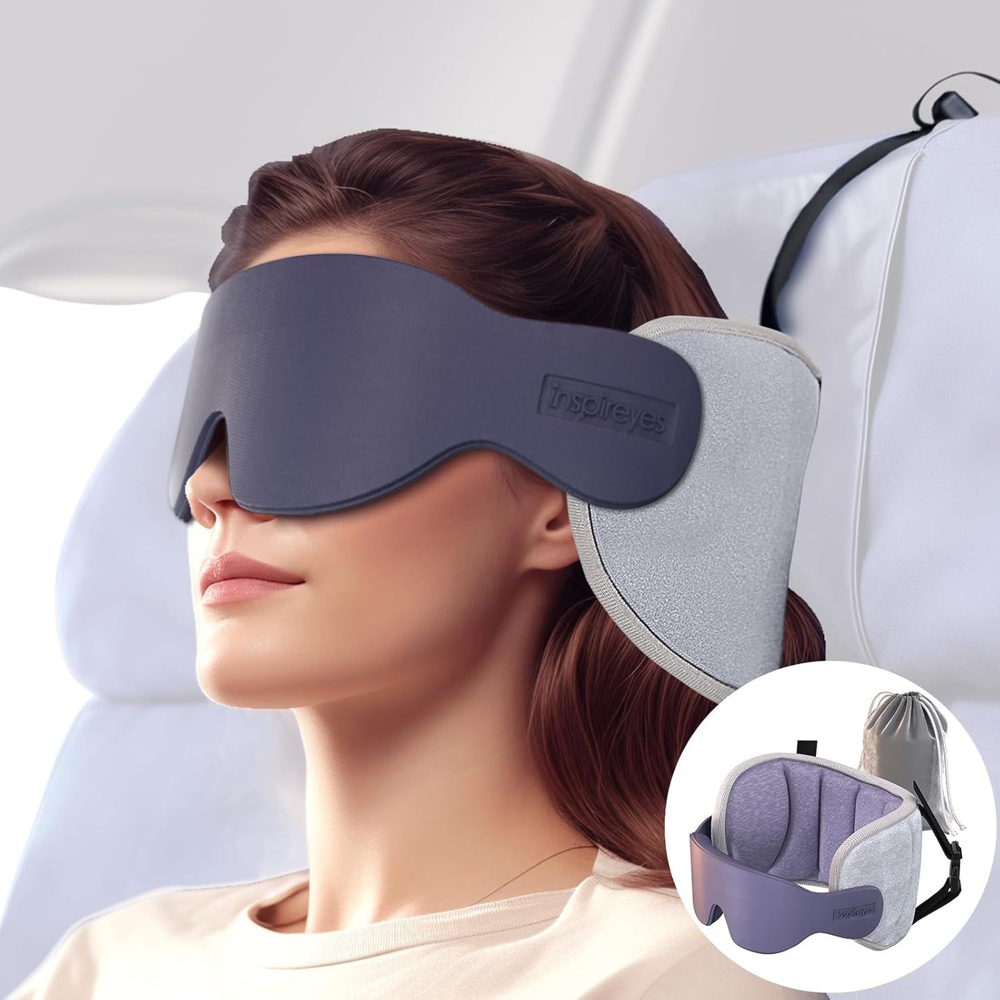 Inspireyes Travel Pillows for Airplanes, 360° Head Support for Long Flight, Soft Airplane Pillow with 3D Eye Mask for Sleeping, Stop Bobblehead, Airplane Headrest Gadgets, Light Black
