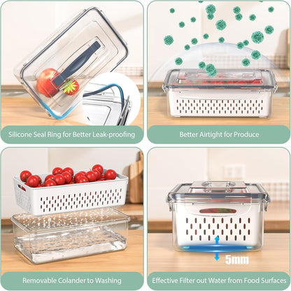 Anysig 5 Pack Fridge Fruit Storage Containers with Colander & Handle Lids | Airtight Fruit Containers for Fridge, Refrigerator Organizers and Storage, Dishwasher Safe, Keep Berry Fruit Fresh Longer