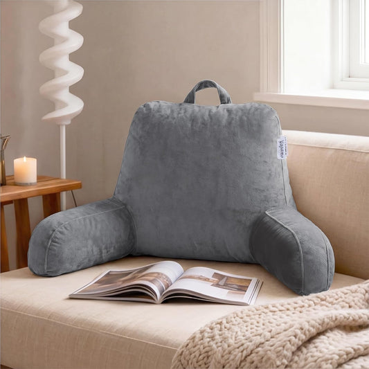 Reading Pillow with Adjustable Memory Foam,Adult Backrest with Arms, Back Pillow for Sitting in Bed with Washable Cover- Large, Gray
