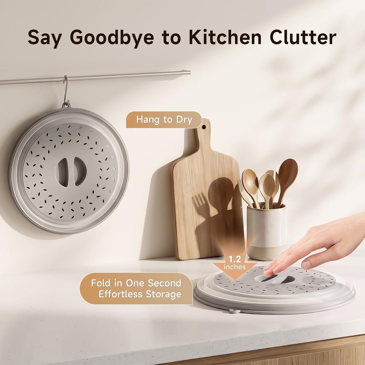 Collapsible Microwave Splatter Cover for Food, Grey | Vented Microwave Plate Cover Lid with Hook Hole, Splatter Guard for Plate Dish Bowl, Vegetable Fruit Colander Kitchen Gadget