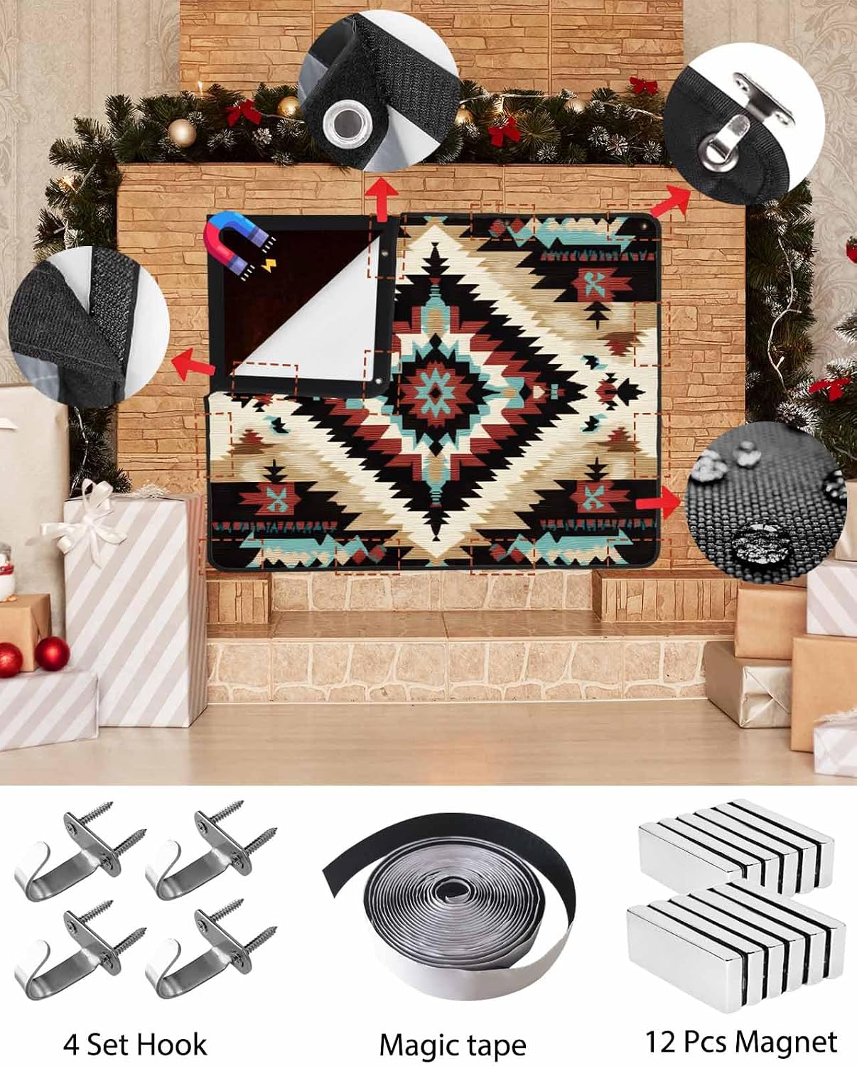 Western Aztec Magnetic Fireplace Cover Decorative Indoor For Brick Fireplace, Rustic Tribal Southwestern Boho Ethnic Insulation Fireplace Blocker Blanket Draft Stop Hot Heat Save Energy, 36"Wx27"H