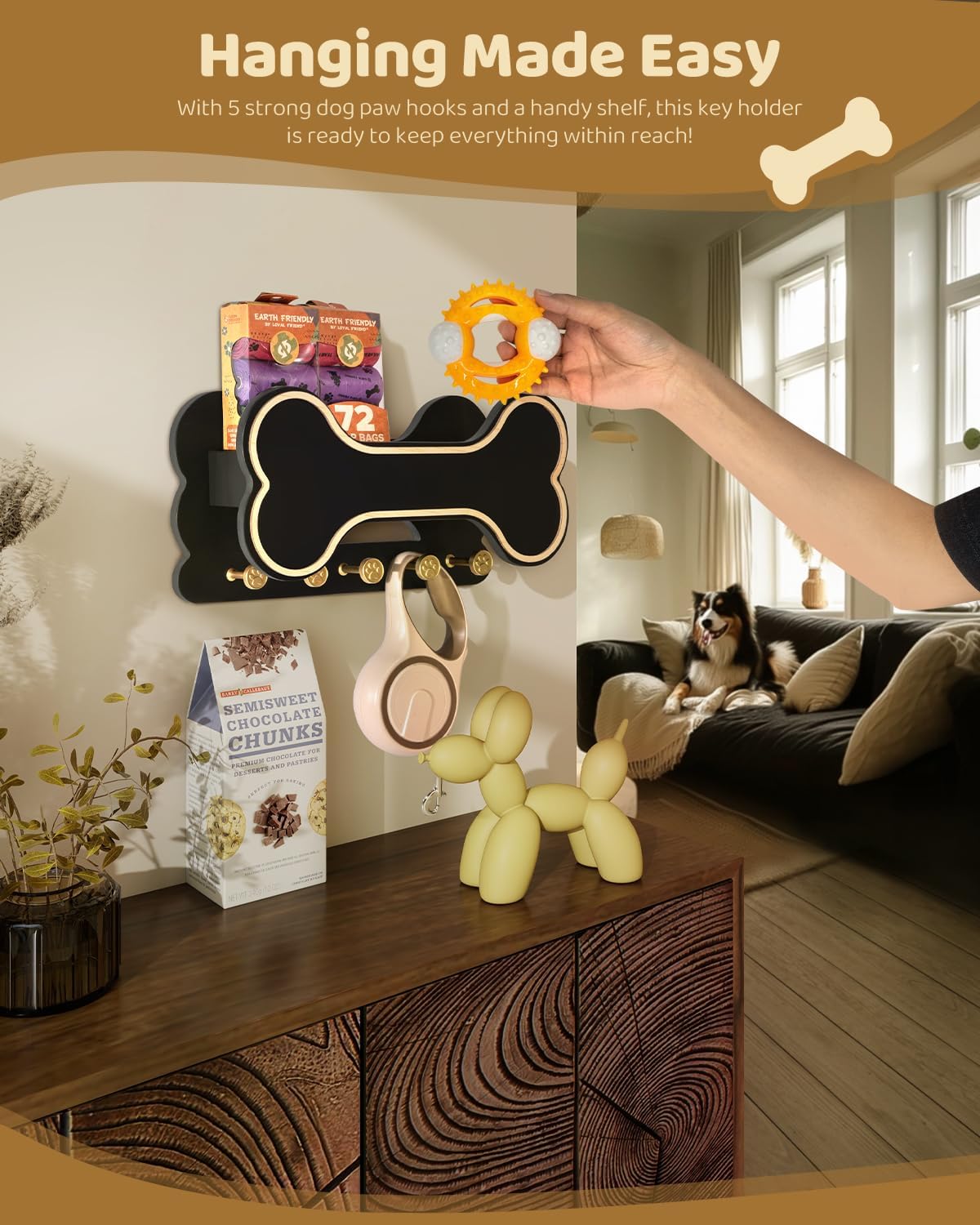MTERSN Dog Leash Holder for Wall with Key Hooks for Dog Gear Storage, Brown | 3D Puppy Paw Hooks, Doggie Bone Shape, Key Rack with 5 Hooks, Wall Shelf for Treats & Dog Food, Ideal for Wall Decor