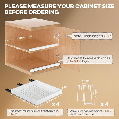 Seinloes 2Pack Pull out Cabinet Organizer 21"Deep with 4 Adjustable Dividers,Expandable（12.1"-20.4"W） Pots and Pans Organizer Under Cabinet with Raising Pad for Framed Cabinets,Slide out Drawers,White