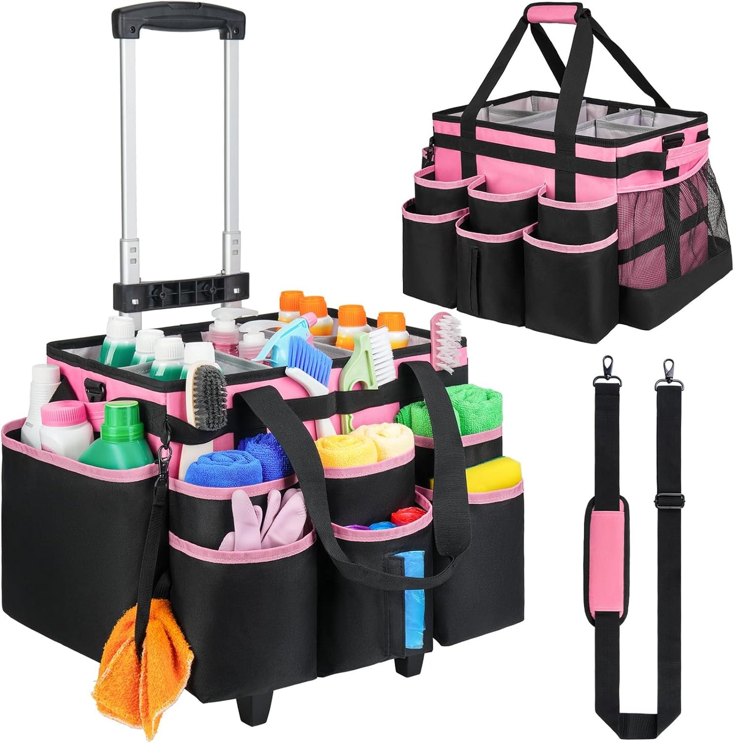 Large Rolling Cleaning Caddy Bag with Detachable Trolley,Cleaning Cart on Wheels with Shoulder Strap,Cleaning Supplies Organizer for Housekeepers,Purple