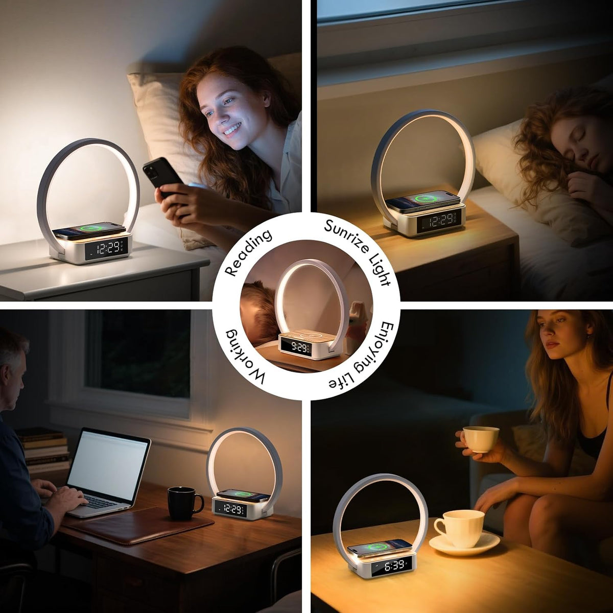 WILIT Bedside Lamp with Alarm Clock, Sunrise Wake-up Light, Wood Grain