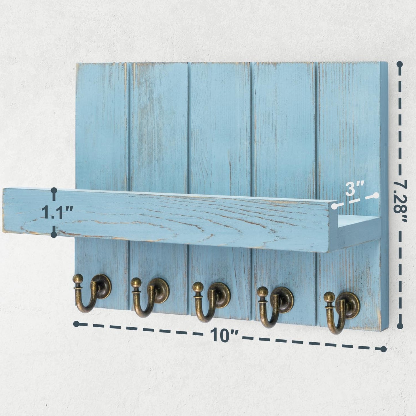 Rebee Vision Key Holder Wall Mount with 5 Key Hooks for Home Decor, Brown | 3.54'' x 10'' x 7.28'', Small Shelf for Display Plant, Key Hangers for Hat, Entryway Space-Saving Storage