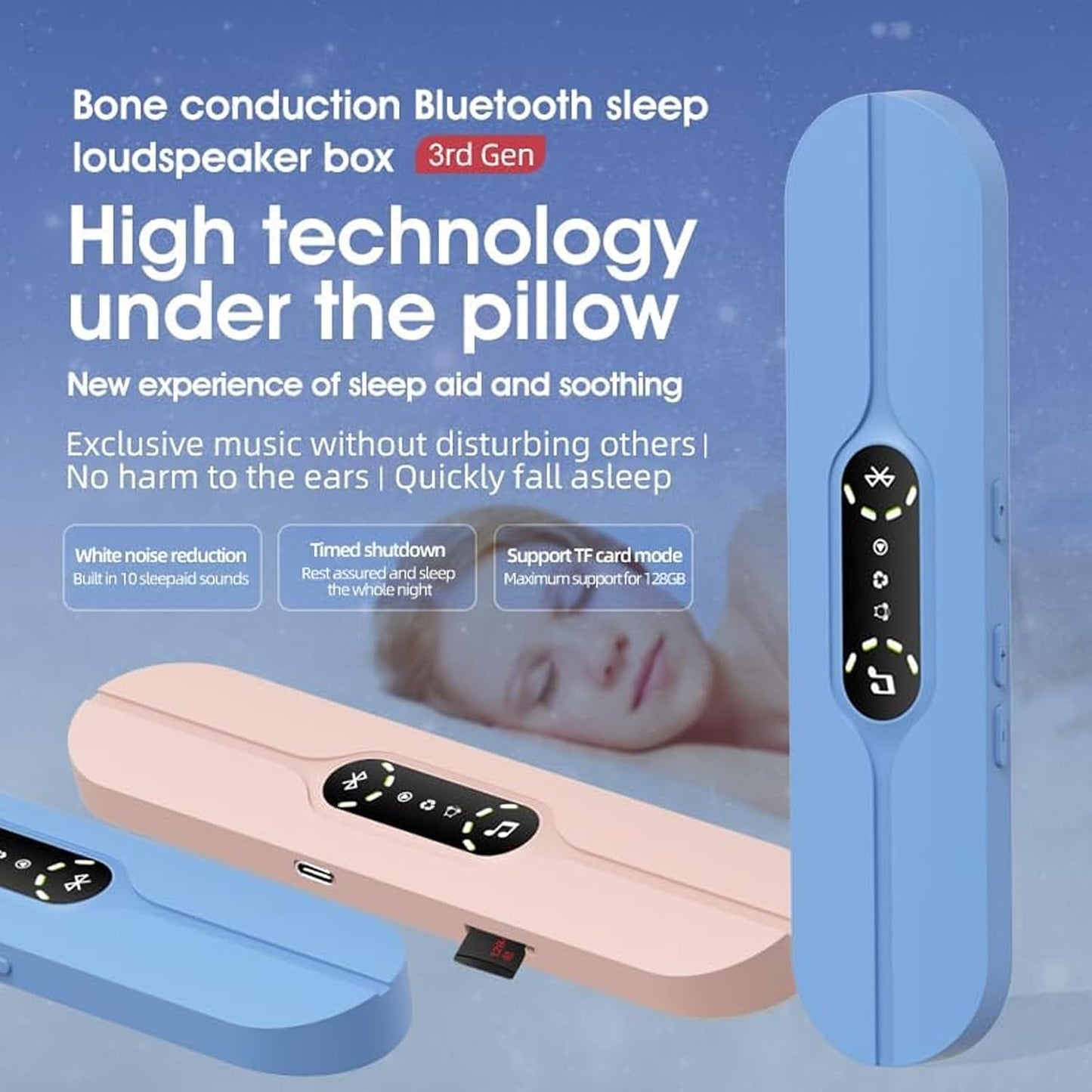 Mini Portable Wireless Under Pillow Speaker for Sleeping (Black) | USB Rechargeable | Bluetooth Connection | Timer Function | Built-in White Noise | TF Card | Travel