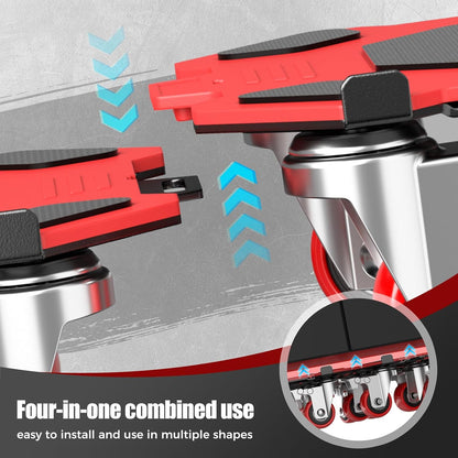 LOYAL TIGER 1500LBS Heavy Duty Furniture Dolly & Movers Set (5.4 Inch, Red) | 5-Wheel Carbon Steel Rollers with Locking Casters & Lifter. Moving Kit for Refrigerator, Washer, Sofa & Cabinet.