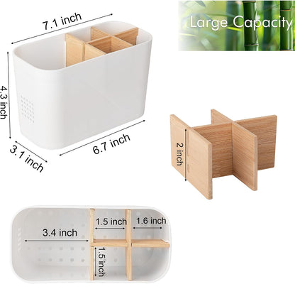 Electric Toothbrush Holder Tooth Brush and Toothpaste Organizer, Black | 3 Slots, Drainage Holes, Removable Bamboo Divider, Ventilation Design, Space-Saving, for Bathroom Countertop, Shower, Vanity