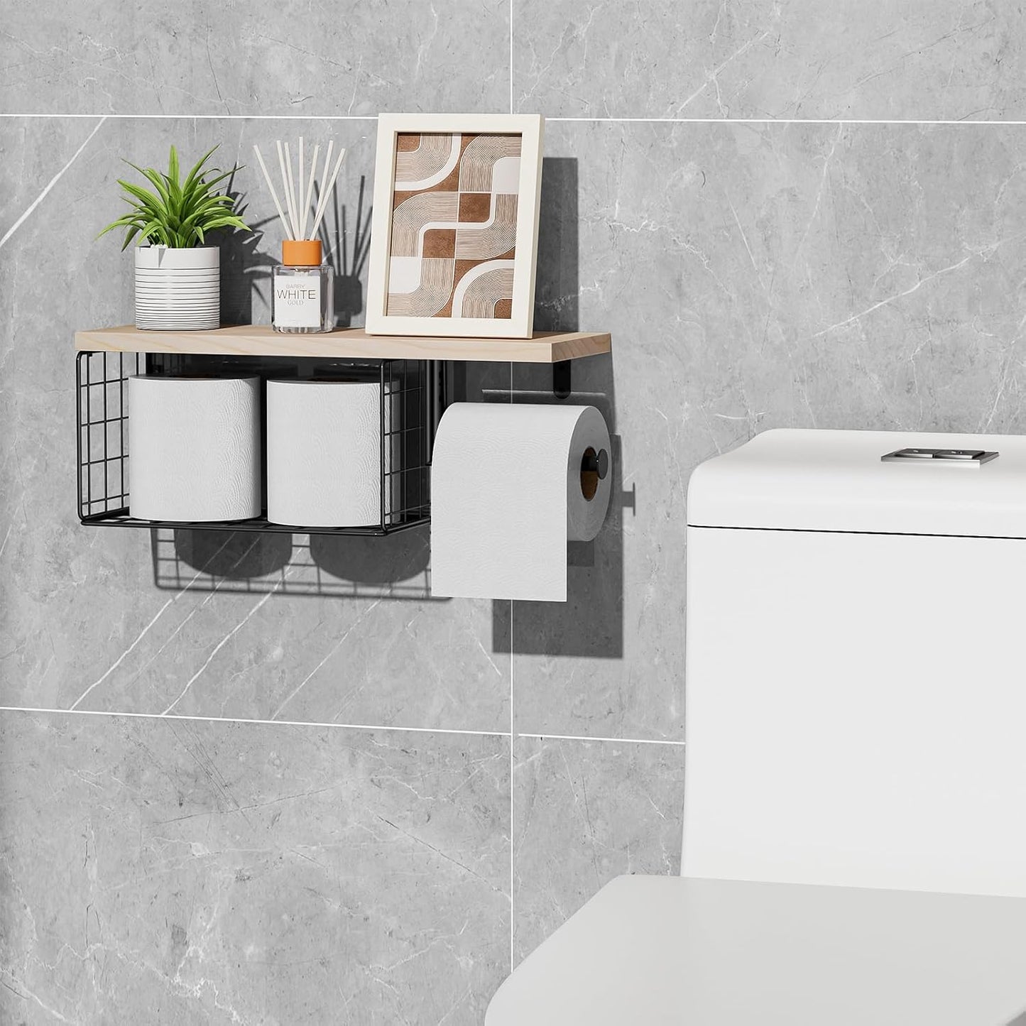 VITVITI Toilet Paper Holder with Shelf, Wall Mounted Storage Basket, Brown | Farmhouse Wall Mount Toilet Paper Holder Shelves, Wood Metal Toilet Roll Wipes Holder for Bathroom