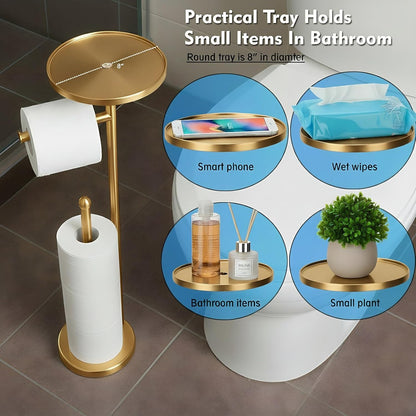 Gold Toilet Paper Holder with Shelf, Tissue Roll Holder Stand with Storage for Holding Extra 4 Toilet Paper Rolls, Stainless Steel Rustproof Freestanding (Brushed Gold)