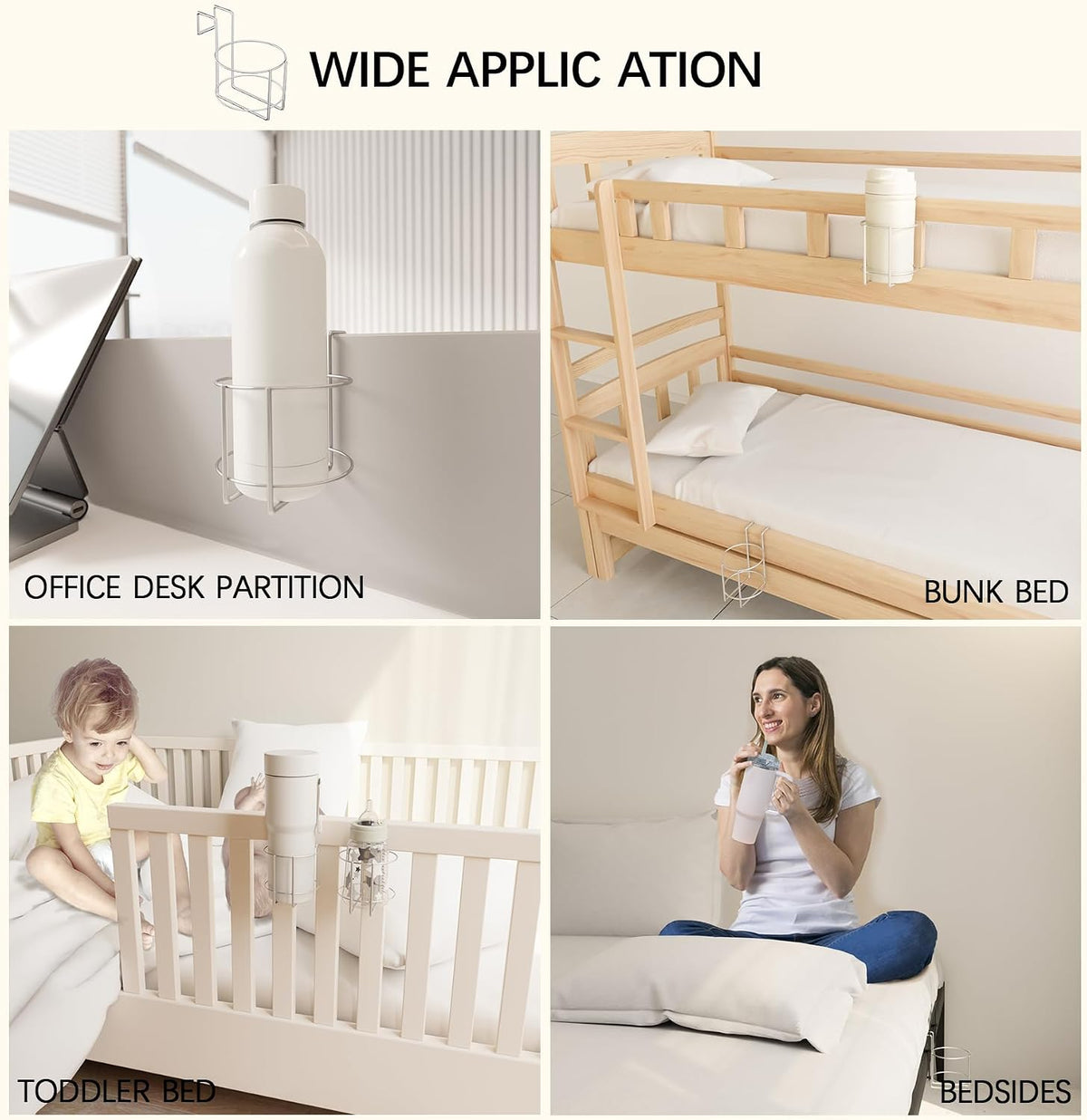 Cup Holder for Bed (Diameter: 3.3IN) Drink Holder Water Bottle/Glass Organizer for Wood Dorm Room Bunk Bed Crib, Metal Toddle Bed,Loft Bedside, Headbed, Car,Office Desk Partition